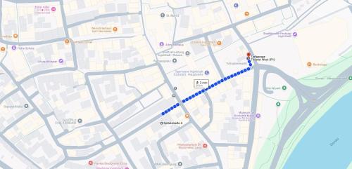 a map of a city with a blue trail at 21rooms Apartments in Ingolstadt