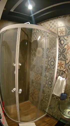 a shower with a glass door in a bathroom at Hotel Casona del Truco in Guanajuato