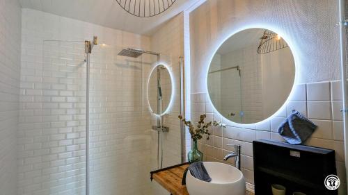 un bagno con lavandino e specchio di La Maison Bleue a Tillenay