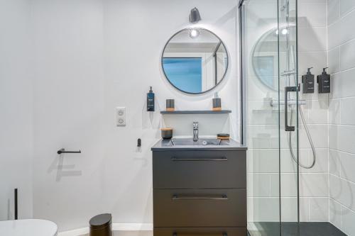 une salle de bain avec un lavabo et une douche avec un miroir dans l'établissement Chambre cosy - cadre verdoyant - proche Saclay, à Gif-sur-Yvette