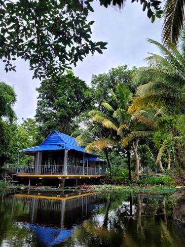 a building with a blue roof over a pond at An Nhien Garden in Long Khanh
