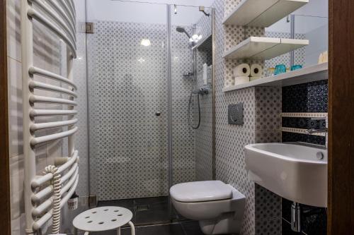 a bathroom with a shower and a toilet and a sink at Biała Koszula in Tleń