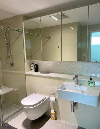 a bathroom with a toilet and a sink and a mirror at studio near Airpot Bay City in Sydney