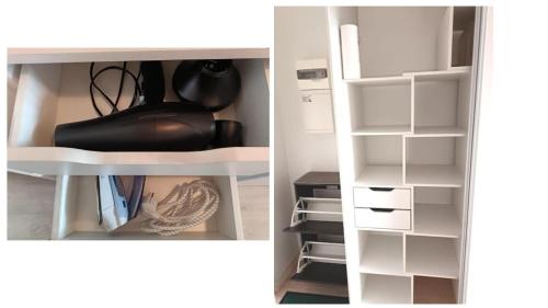 - deux vues sur un placard avec des étagères blanches dans l'établissement Appartement à Orléans au calme avec parking gratuit, balcon et ascenseur, à Orléans