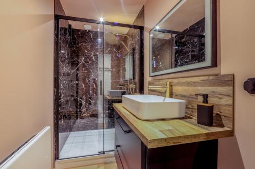 a bathroom with a sink and a shower at Le Cosy - Appartement avec Jardin Wimille proche Wimereux in Wimereux