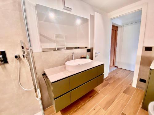 a bathroom with a sink and a mirror at Appartamento moderno con giardino in Gignod