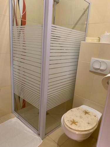a bathroom with a toilet and a glass shower at Szent István Wellness Panzió in Makó