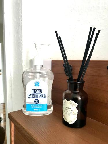 a bottle of hand sanitizer next to a vase of sticks at Number 14 in Ipswich