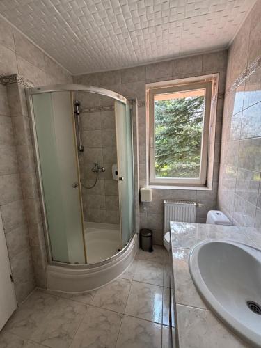 un bagno con doccia e lavandino di Hotel Restauracja Małopolska a Jasło