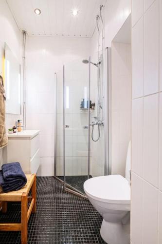 a white bathroom with a shower and a toilet at Central Lux Condo In Downtown in Helsinki