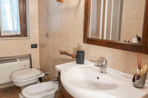 a bathroom with a sink and a toilet and a mirror at Il Rifugio dei Briganti in Caramanico Terme