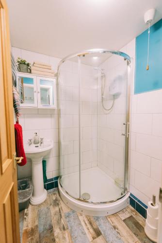 a bathroom with a shower and a sink at New Inn Lodge In Scarning Near Dereham Norfolk England in East Dereham