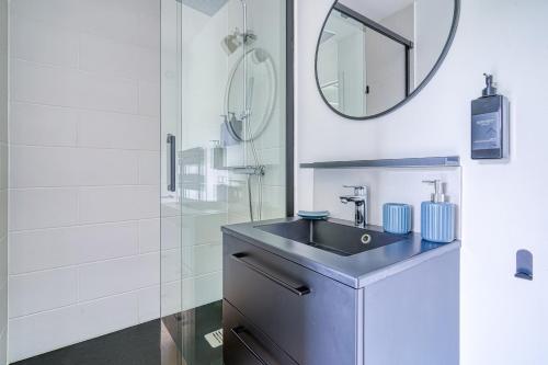 une salle de bain avec un lavabo et un miroir dans l'établissement Chambre cosy - cadre verdoyant - Proche saclay, à Gif-sur-Yvette