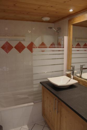 une salle de bain avec un lavabo, une douche et une baignoire dans l'établissement Reine des Prés, à Samoëns