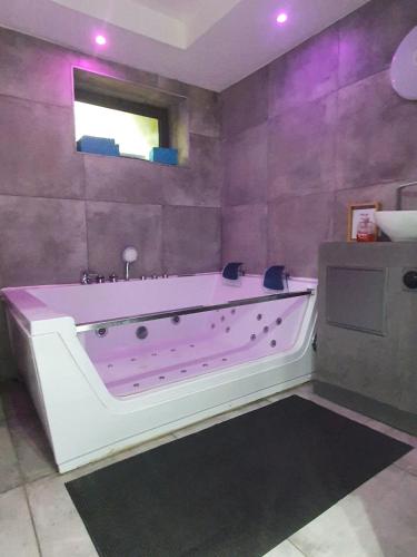 d'une salle de bains pourpre avec une grande baignoire et une fenêtre. dans l'établissement Belle VILLA sur PESSAC , 6 chambres avec piscine, hammam et sauna, à Pessac