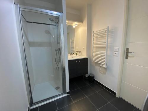 une salle de bain avec douche et lavabo dans l'établissement Ma place au sud Nice 607, à Nice