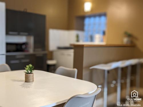 une petite plante posée sur une table dans une cuisine dans l'établissement Chez Flav - Parking privé - Chambord et St-Laurent, à Lailly-en-Val