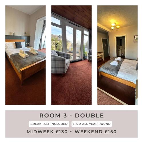 a collage of three pictures of a hotel room at The Orange Tree Hotel in Kirkby Lonsdale