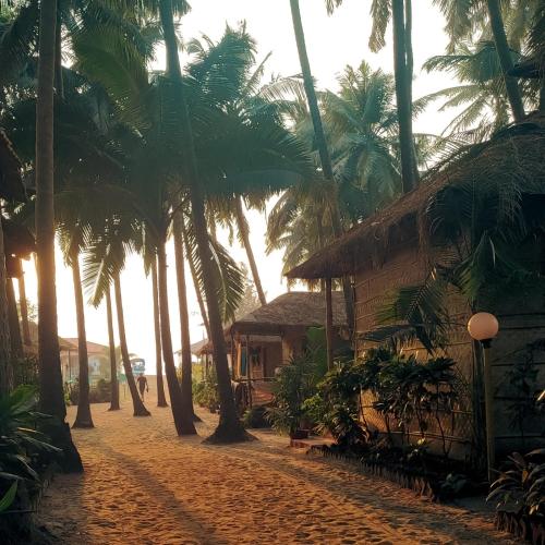 a group of palm trees next to a building at Dunes Holiday Village in Mandrem