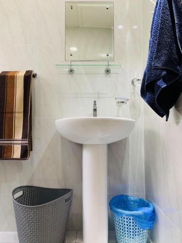 a bathroom with a sink and a mirror and towels at Oceanic View Apartments in Beau Vallon