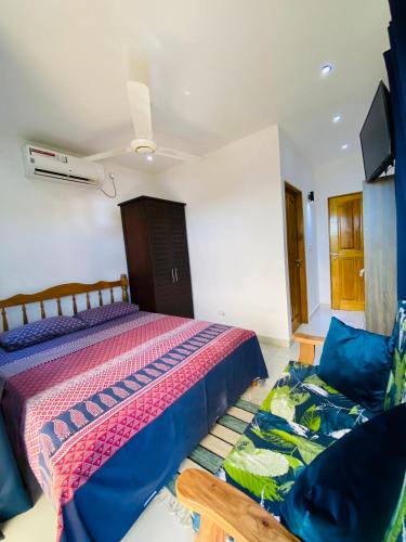 a bedroom with a bed and a couch at Oceanic View Apartments in Beau Vallon