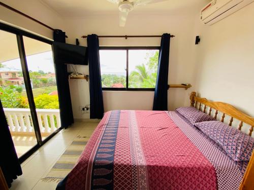 a bedroom with a bed and a large window at Oceanic View Apartments in Beau Vallon