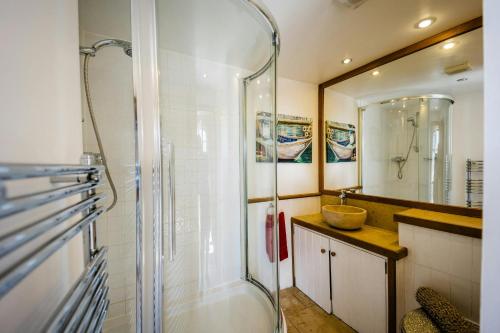 a bathroom with a shower and a sink at Seaglass Little Haven in Little Haven