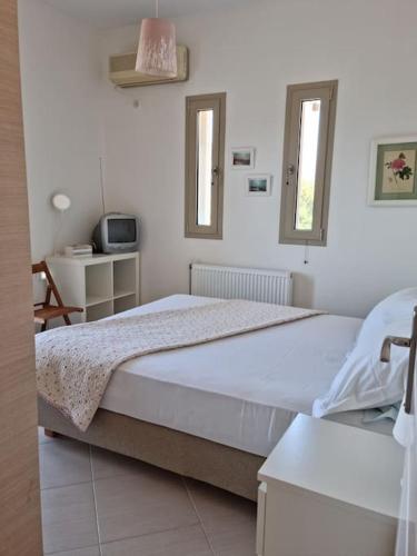 a white bedroom with a large bed and two windows at Stunning View Villa in Sami in Chaliotata