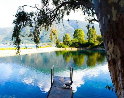 a duck is sitting on a dock in a lake at Stunning View Villa in Sami in Chaliotata