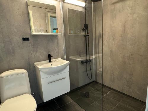 a bathroom with a toilet and a sink and a shower at Lyngenfjord Hotel in Skibotn