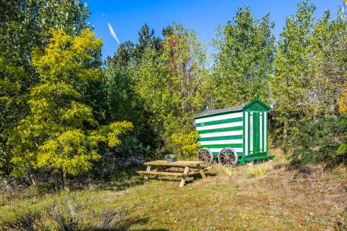 a green and white shed and a picnic table at La Maison Fleurie - Sunny holiday home with large garden, parking, within walking distance of the sea in Koksijde