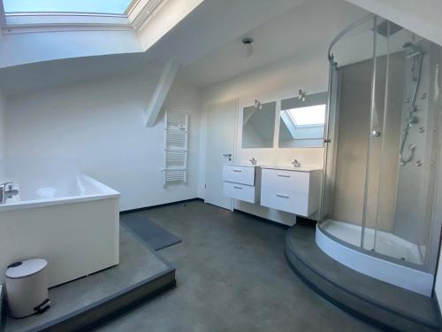 une salle de bain avec une douche, un lavabo et une baignoire dans l'établissement Alsace séjours, à Pulversheim