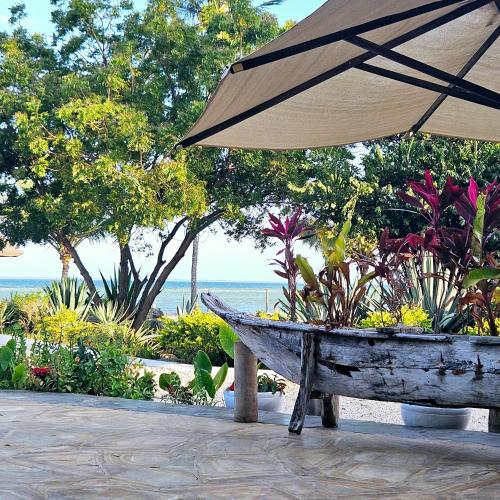 a bench sitting under an umbrella next to the ocean at Maharaja Boutique Hotel Zanzibar in Uroa