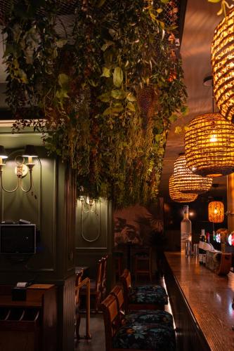 a restaurant with a bar with plants hanging from the ceiling at President Hotel in Dubai