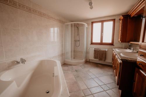 une salle de bain avec une baignoire, une douche et un lavabo dans l'établissement Petit Fronholz, à Epfig