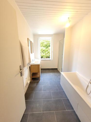 une salle de bain avec un lavabo, une baignoire et des toilettes dans l'établissement La maison du lac, à Vions