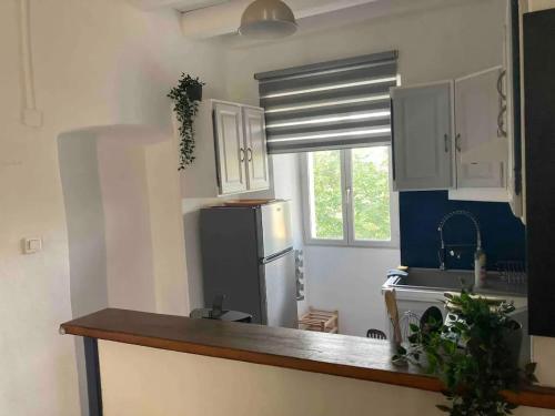 une cuisine avec des armoires blanches et un réfrigérateur noir dans l'établissement Appartement charmant à Feliceto 80 m² avec terrasse, à Feliceto