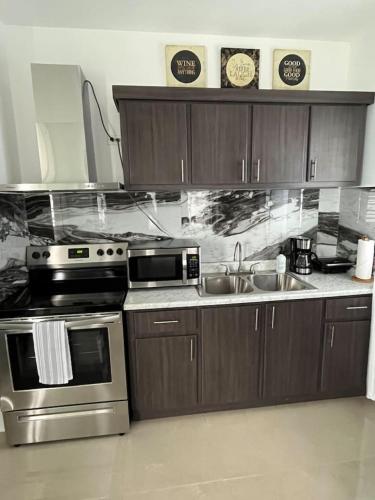 a kitchen with a stove and a sink at Villa Carmin II Apartment with private pool in Caban