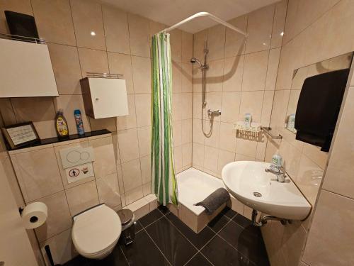 a bathroom with a sink and a shower and a toilet at Gästeappartement Viktoria in Sinsheim