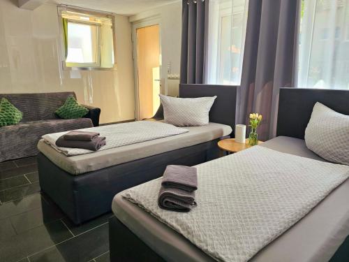a room with two beds and a couch at Gästeappartement Viktoria in Sinsheim