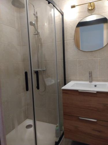 une salle de bain avec douche et lavabo dans l'établissement Bel appartement face mer et accès plage, à Saint-Sébastien