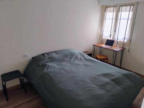 - une chambre avec un lit et un ordinateur portable sur un bureau dans l'établissement Bel appartement face mer et accès plage, à Saint-Sébastien