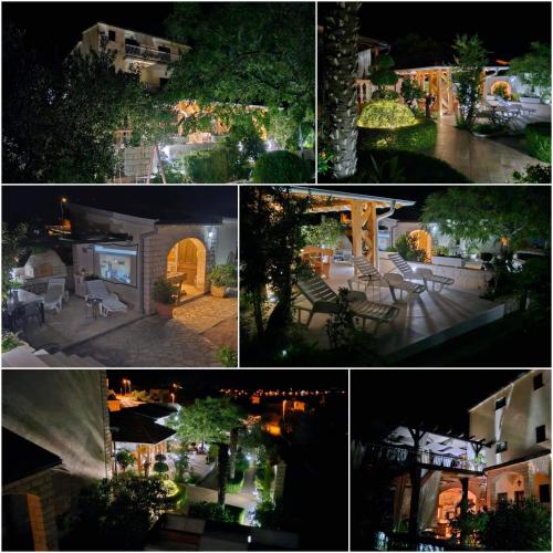 a group of four pictures of a house at night at Apartments 2D in Grebaštica