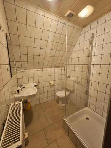 a bathroom with a sink and a toilet and a tub at An der Uferpromenade in Worbis