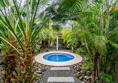 a swimming pool in a garden with palm trees at Good Life Lodge in Sámara