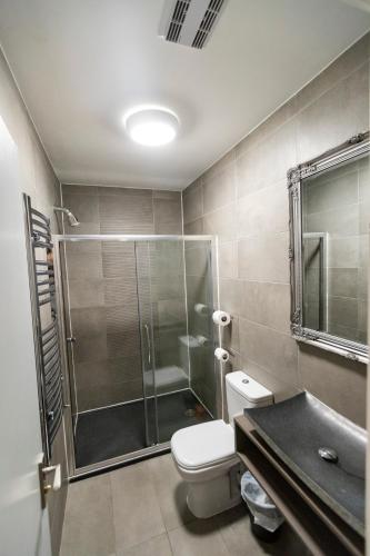 a bathroom with a shower and a toilet and a sink at Euro Hotel in London
