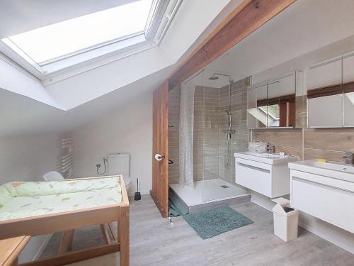 a bathroom with a shower and a sink and a tub at Élégance et nature votre refuge entre mer et forêt in Vielle-Saint-Girons