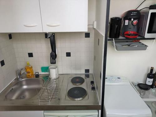 Il comprend une petite cuisine avec un évier et un comptoir. dans l'établissement Top floor parisian apartment with terrace, à Paris