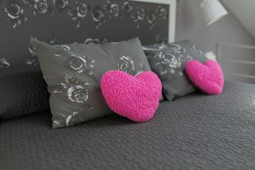 two pink pillows with hearts on a bed at Ronda Navarra by Valdesierra in Béjar