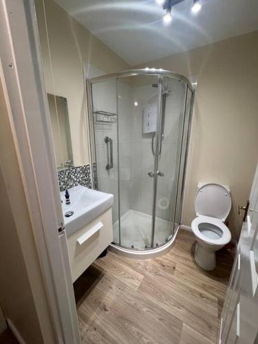 Un baño con ducha, inodoro y lavabo. en Marguerite Retreat, en Newcastle